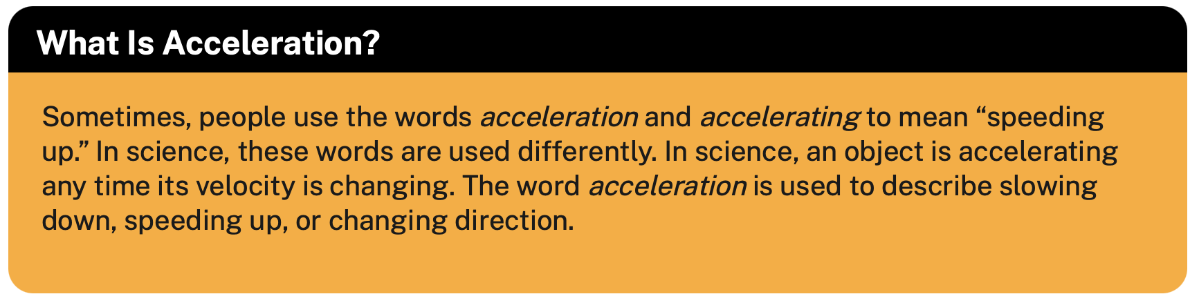 Orange and black text box explaining scientific definition of acceleration.